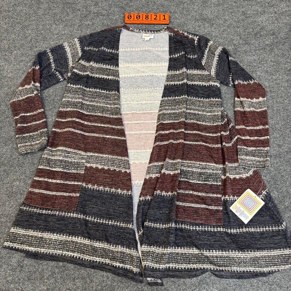 Lularoe brown, black, and navy blue striped cardigan with pockets. Size medium